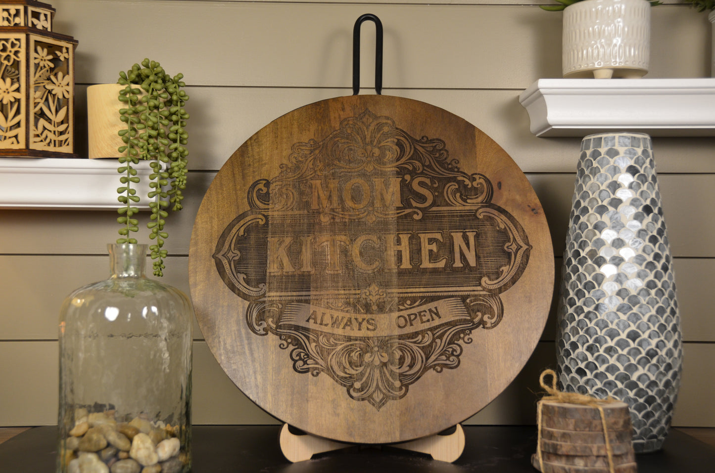 Whiskey Barrel Top "Mom's Kitchen is Always Open"