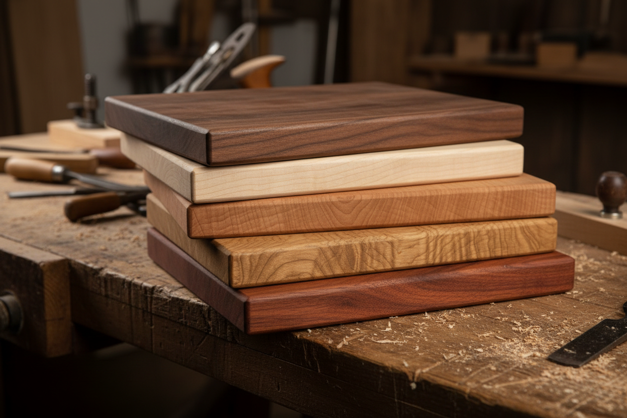 generate a stack of 2 inch thick cutting boards with different types of wood